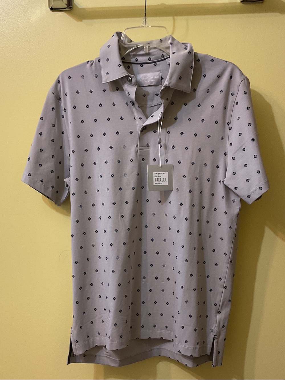 Hickey Freeman Light Gray Polo with Navy Micro-Diamond Print